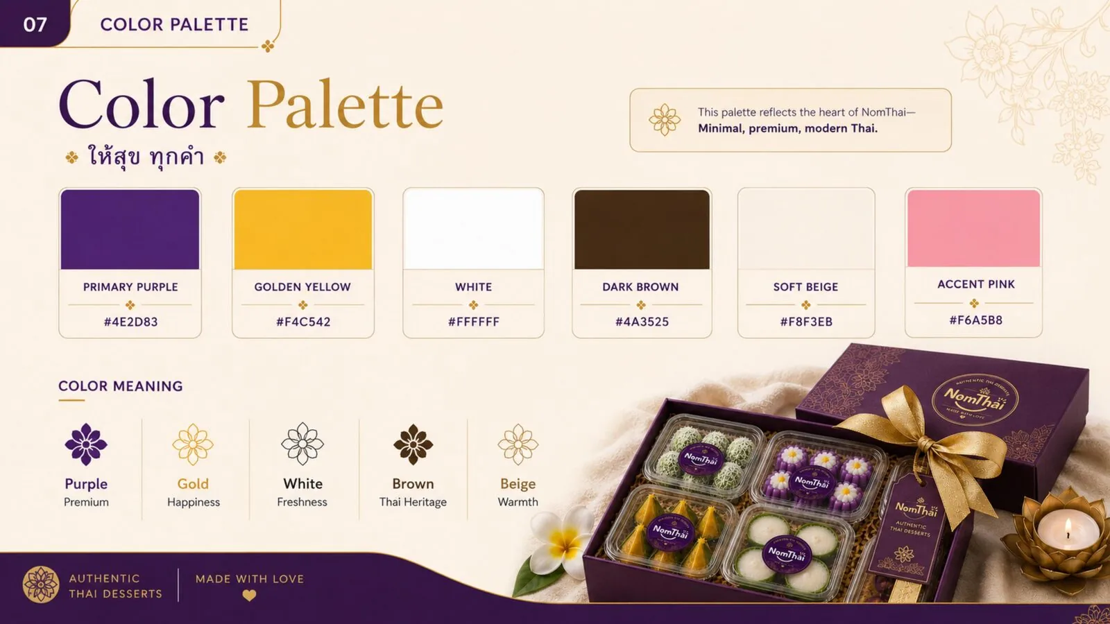 NomThai colour palette — Primary Purple, Golden Yellow, White, Dark Brown, Soft Beige, Accent Pink