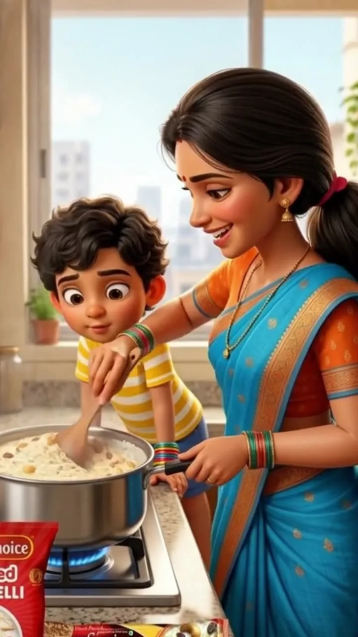A mother & son cooking moment